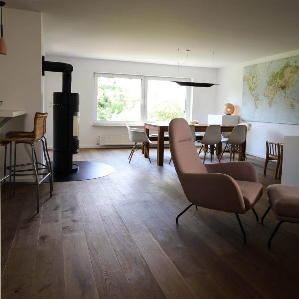 Umbau, Sanierung, Innenarchitektur, Wohnzimmer, Küche, Esszimmer, Eingang, Parkett